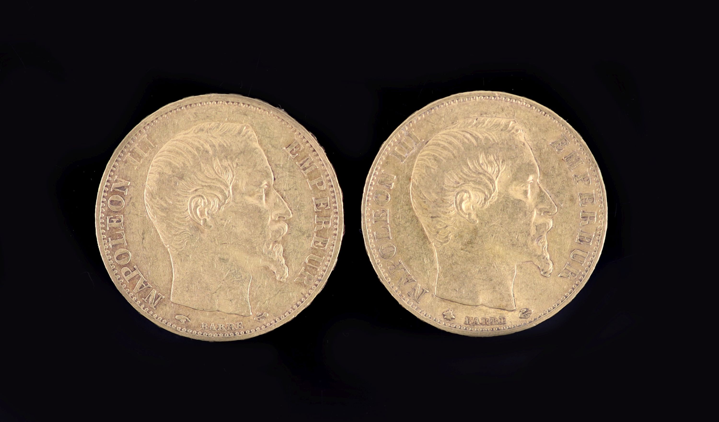 France coins, two Napoleon III gold 20 francs, 1860BB, F and 1860A, F